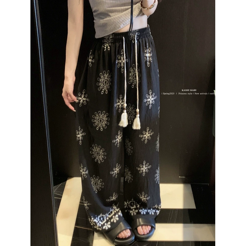 Реальный снимок ~ летние повседневные брюки в этническом стиле с завязками в стиле ретро для женщин, свободные широкие брюки с высокой талией, прямые длинные брюки