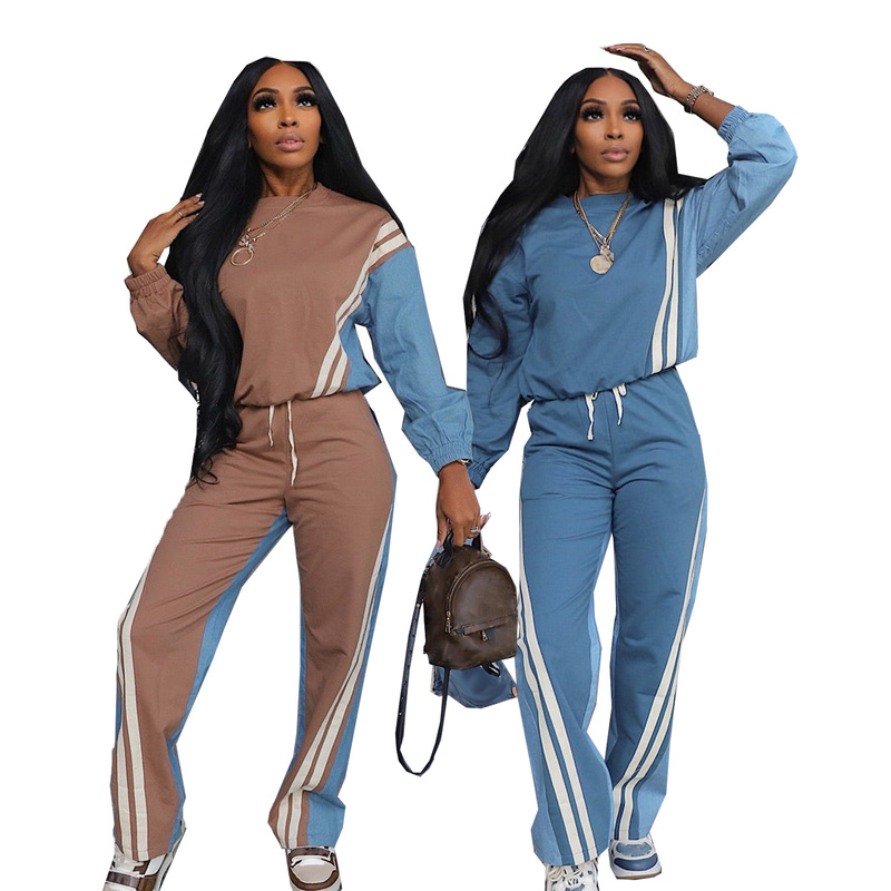 Tw778 Autumn and Winter European and American Sports Style Contrasting Imitation Denim Color-Blocked Stripesd Long-Sleeved Sweatshirt Drawstring Pants Two-Piece Set