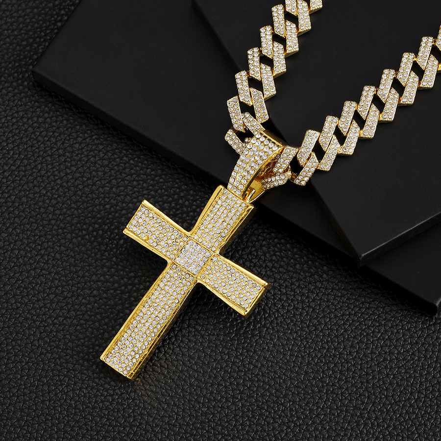 Neit Produkt mat Diamant-Ageleetkette, Nischdesign, grouss Kräiz-Auerschnalle Kubanesch Kette-Bijouen_voghion.com