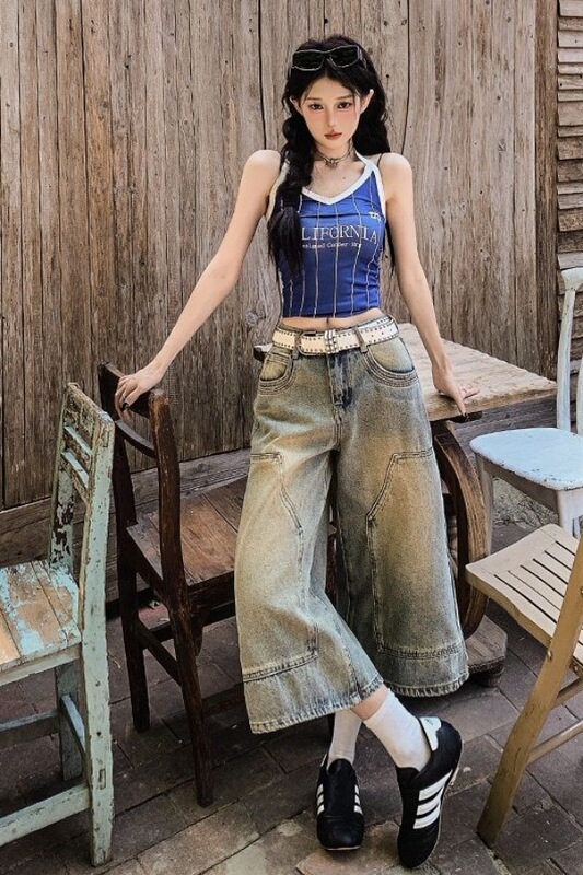 Petite Retro Vintage Style High-Waisted Cropped Women's Summer Jeans, New American-Style Loose Wide-Leg Straight Pants Petite Retro Vintage Style High-Waisted Cropped Women's Summer Jeans, New American-Style Loose Wide-Leg Straight Pants