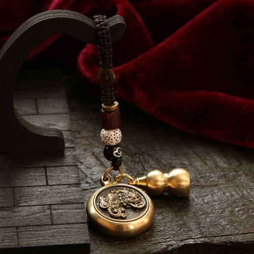 Pure Brass Keychain Pixiu Zhuanzhuan Five Emperors Money Festival Gift Pendant Handmade Rope Car Accessories Gourd Wholesale