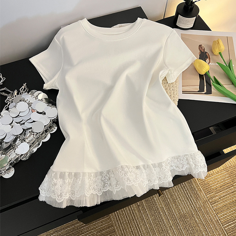 French Sweet Lace Hem Short-Sleeved T-Shirt Women's Summer Design Niche Waist T-Shirt White Top French Sweet Lace Hem Short-Sleeved T-Shirt Women's Summer Design Niche Waist T-Shirt White Top