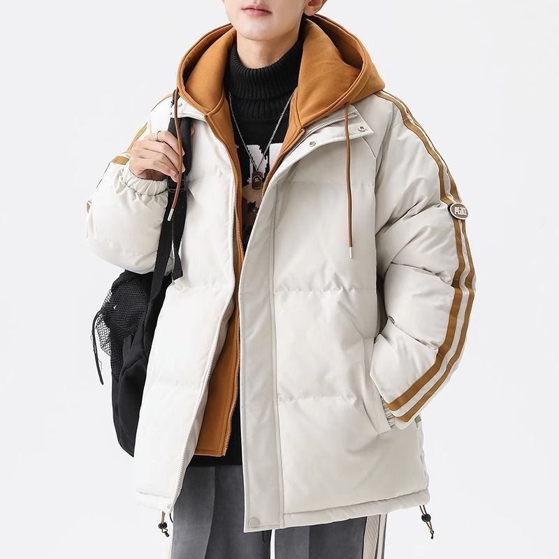 New winter faux two-piece down cotton jacket for men and women, loose fit, stylish hooded thickened warm cotton coat for high school students