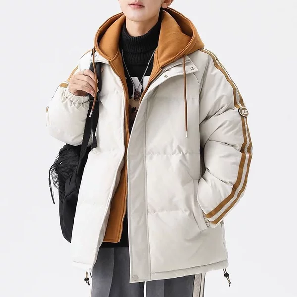 New winter faux two-piece down cotton jacket for men and women, loose fit, stylish hooded thickened warm cotton coat for high school students