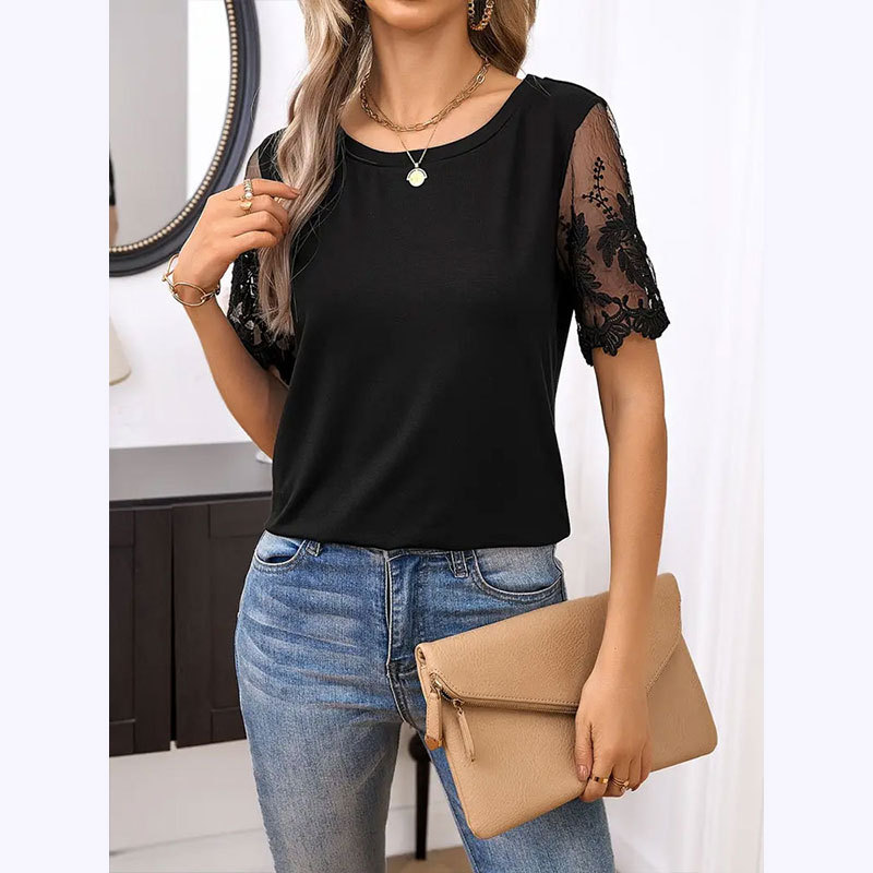 Women Clothing Summer Elegant Knitted Patchwork round Neck T shirt Loose Mesh Patchwork Top 6 Women Clothing Summer Elegant Knitted Patchwork round Neck T shirt Loose Mesh Patchwork Top