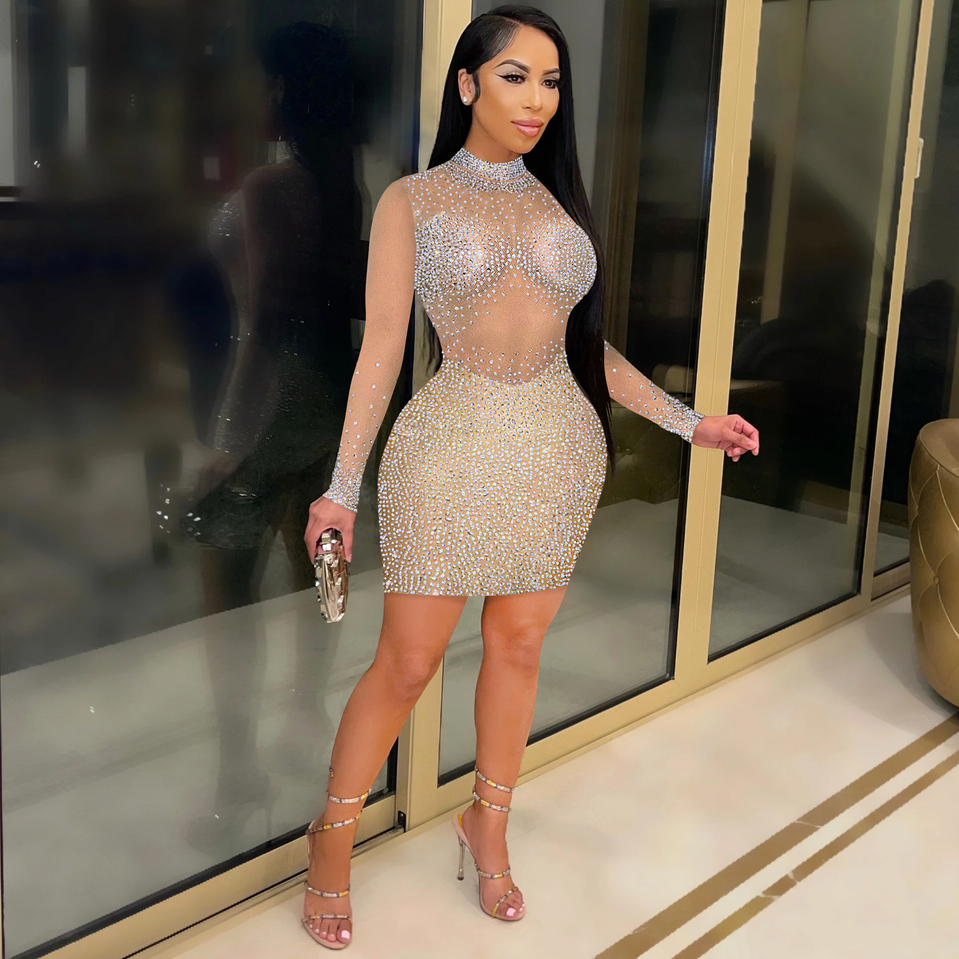 C5890 Aliexpress transfronterizo Amazon Europa y América de moda sexy club nocturno caliente de malla de perforación transparente vestido de manga larga