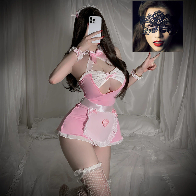 핑크 메이드 복장 + 블랙 퀸 아이 마스크