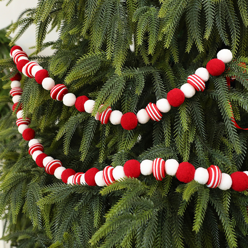 Handgefertigte Filzkugelgirlande – Rot-weiße Pompon-Girlande für Weihnachtsbaum, Kamin und Fensterdekoration (DIY-Weihnachtsdekoration, 3 Meter)_voghion.com