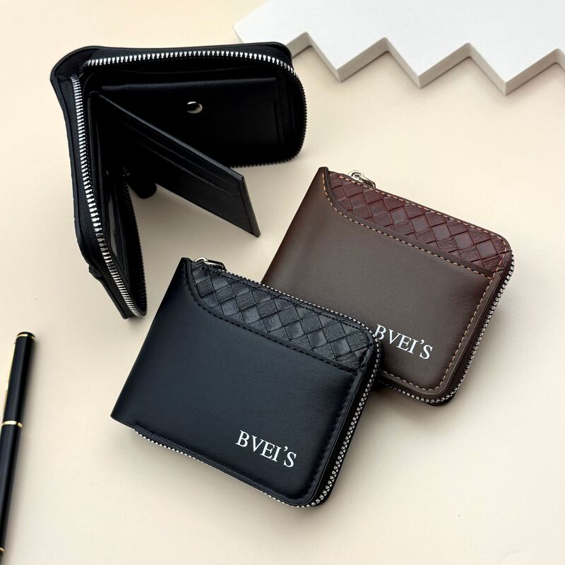 2024 New Cross-border Wallet Men's Short Horizontal Zipper Wallet 20% Fold Coin Wallet Woven Pattern Stitching Wallet