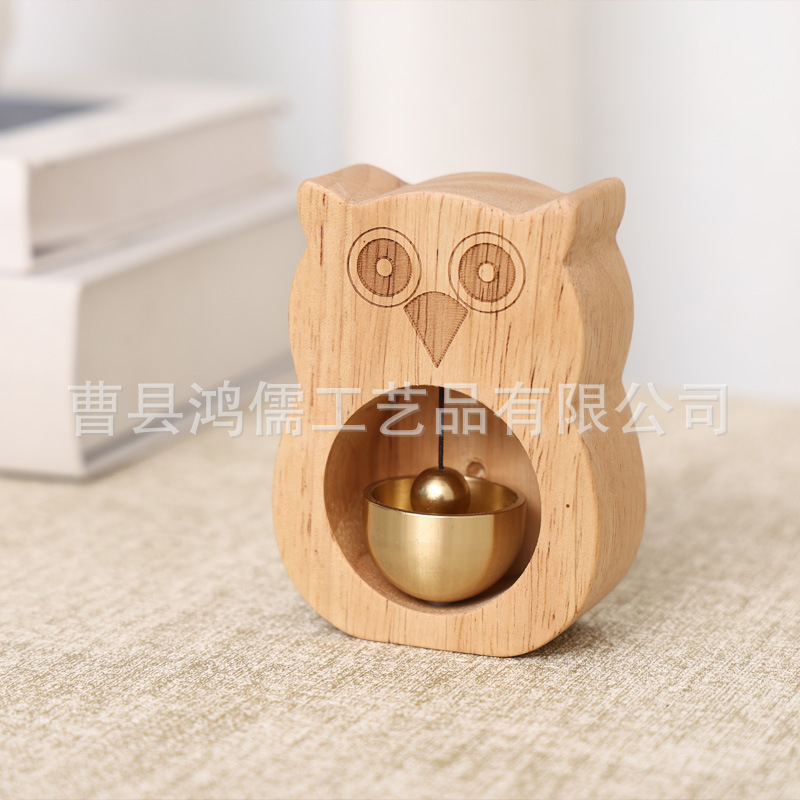 Owl Doorbell Ornament for Home Entrance, Wooden Door Reminder Craft, Copper Bell Hanging Decoration, Door-Suction Type