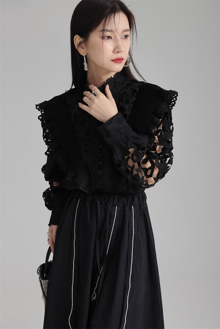 法米姿 早春新款宫廷风法式刺绣镂空衬衫显瘦别致立领上衣