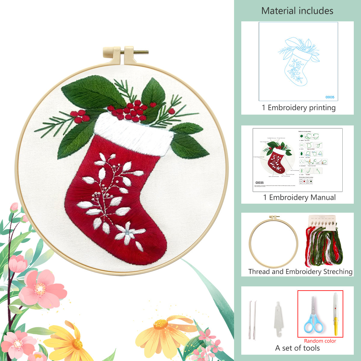 Calcetines de Navidad - tela de aguja + 20CM de aguja de aguja de aguja + dispositivo de descomposición de hilo