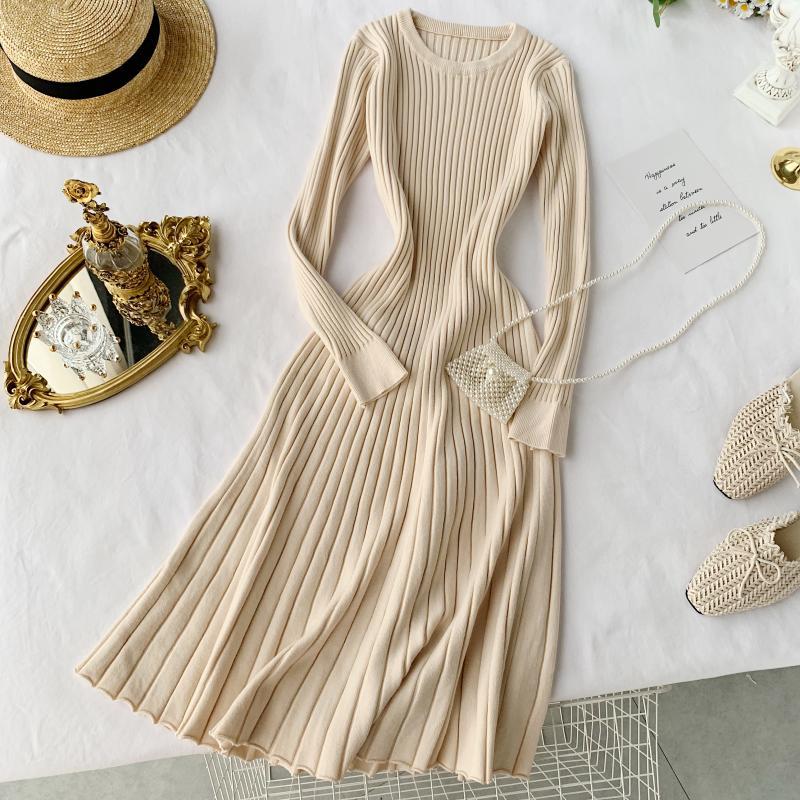 Dameskleding chique herfst en winter nieuwe over de knie bottoming rok effen kleur lange mouwen sexy heup gewikkeld medium lengte A-lijn gebreide jurk_voghion.com