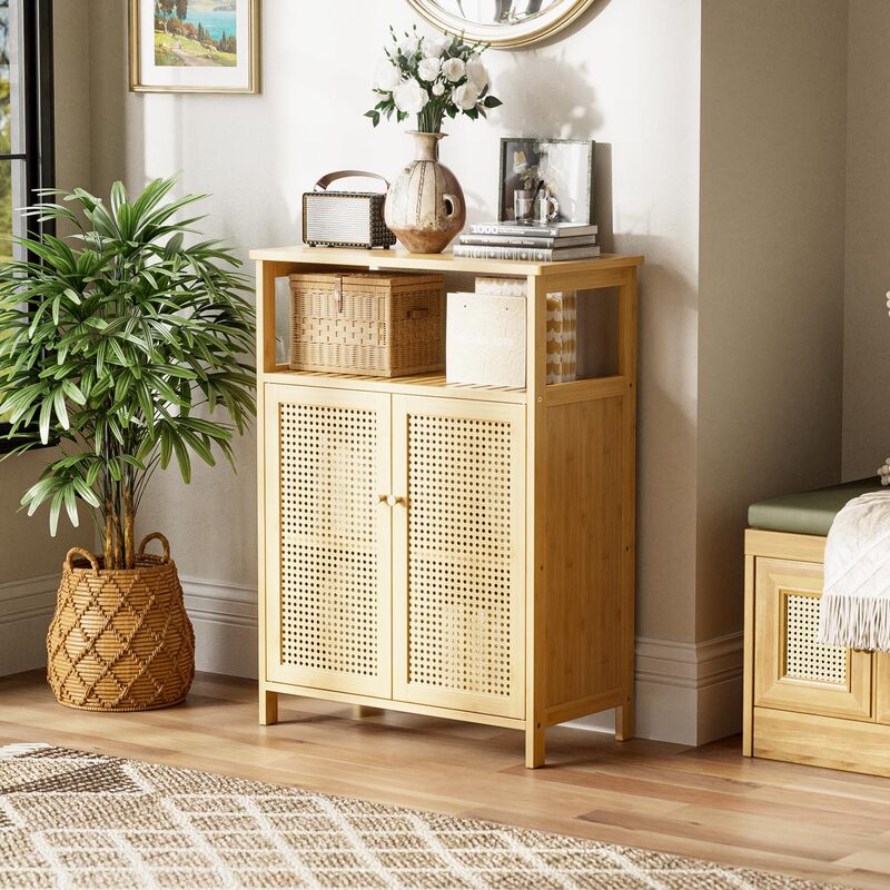 Rattan Bathroom Storage Cabinet, Bamboo Floor Cabinet, Double-Door Open Shelving Unit, Freestanding Cabinet Rattan Bathroom Storage Cabinet, Bamboo Floor Cabinet, Double-Door Open Shelving Unit, Freestanding Cabinet