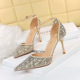 6069-2 Korean high heels summer women's shoes thin high heels shallow mouth pointed hollow Rhinestone hollow flat belt sandals