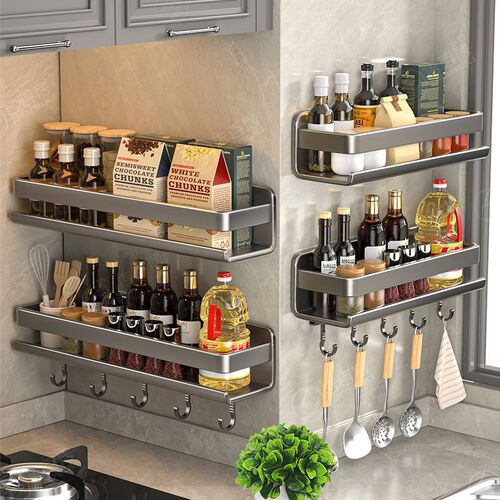 Kitchen wall-mounted shelf and spice rack, hole-free hanging, wall-mounted multi-functional household thick and wide storage rack