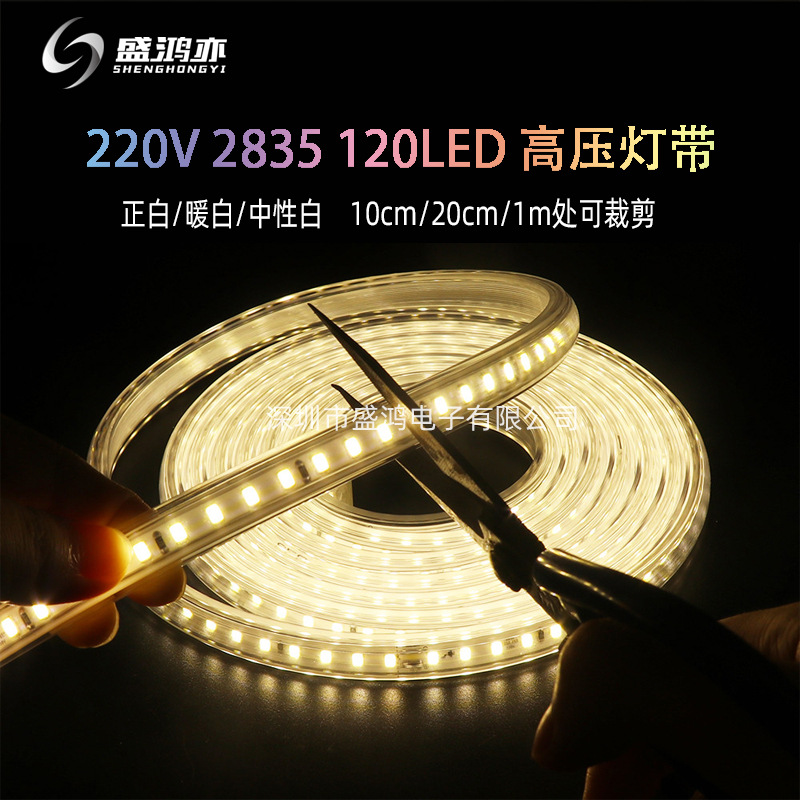 led灯带220V2835无导线120灯可裁剪高亮室内户外防水装饰长条灯带