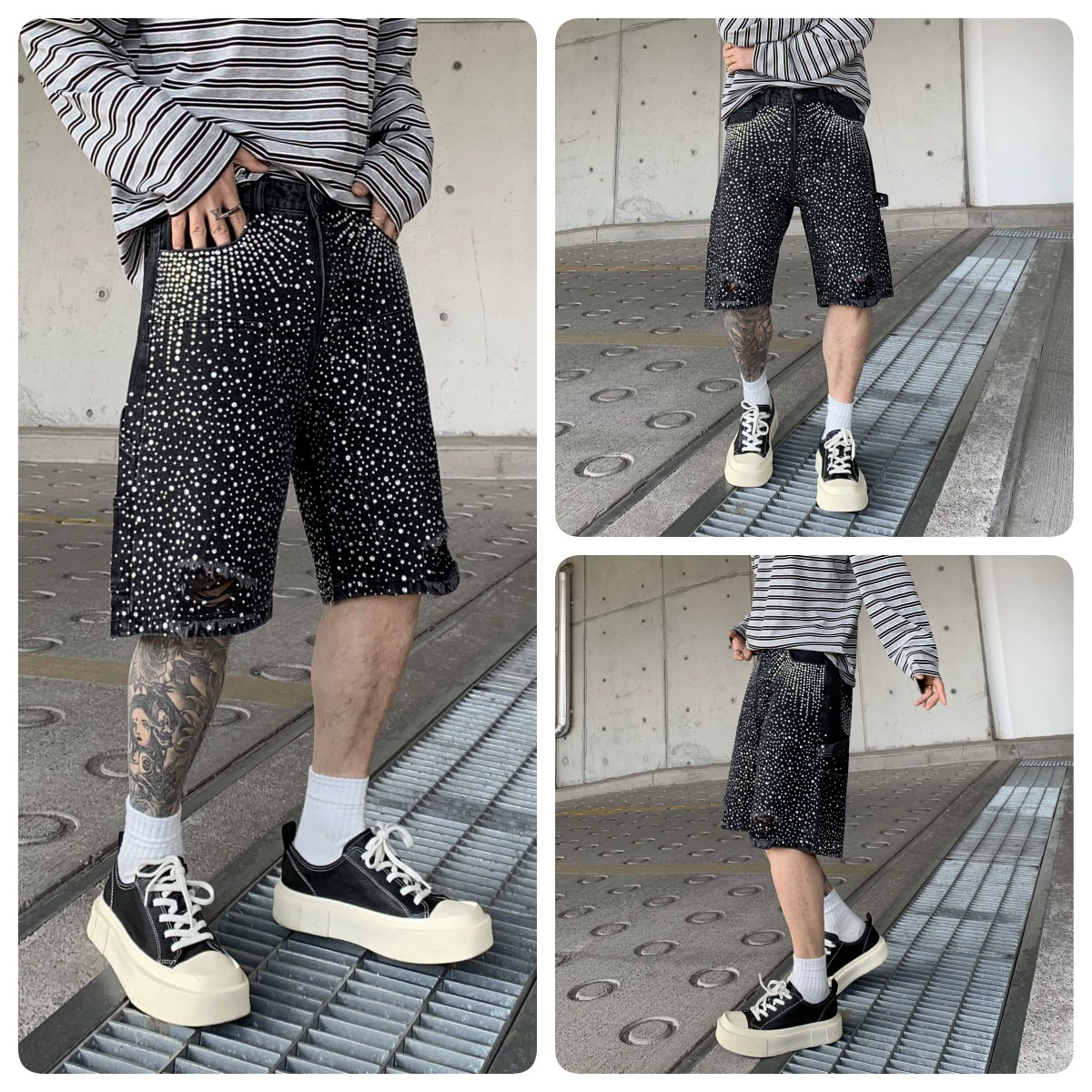 Европейские и американские джинсовые шорты с бриллиантами для мужчин и женщин, свободные прямые укороченные брюки, повседневные рваные средние брюки с градиентом горячих бриллиантов