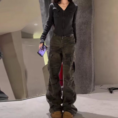 American-style spicy girl designed pocket camouflage work pants for women, spring high-waisted loose casual long pants