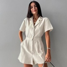 跨境女气质百搭棉麻纯色连体裤2025春夏新品热卖小众西装领连体裤