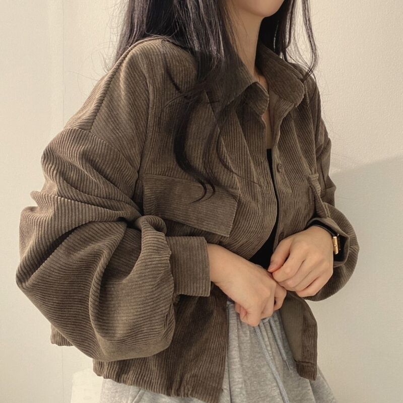 韓国シックな秋冬フレンチレトロルーズ多用途シングルブレストラペルショートコーデュロイシャツジャケット女性用|undefined