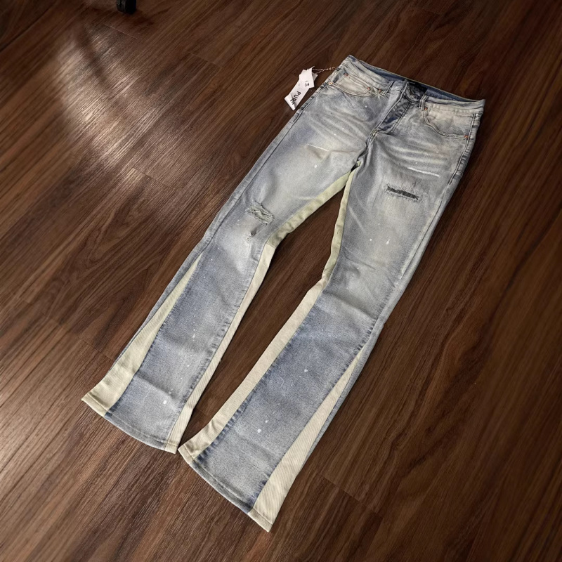 Purple Brand Light Blue Ripped Patchwork Splatter Ink Couple Style Washed Flared Jeans Purple Brand Light Blue Ripped Patchwork Splatter Ink Couple Style Washed Flared Jeans