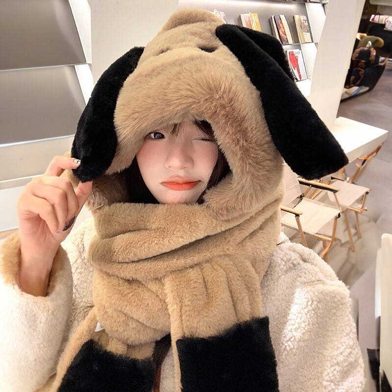 新款防风保暖帽可爱小狗帽子围巾两件套女冬季百搭围脖连帽加绒加|undefined