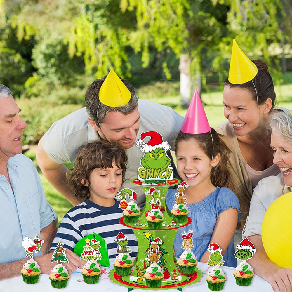 Decoración de fiesta de Navidad de Europa y América Grinch multi-capa titular de la torta de piel verde monstruo de inserción de tarjeta de pastel postre decoración de la Mesa
