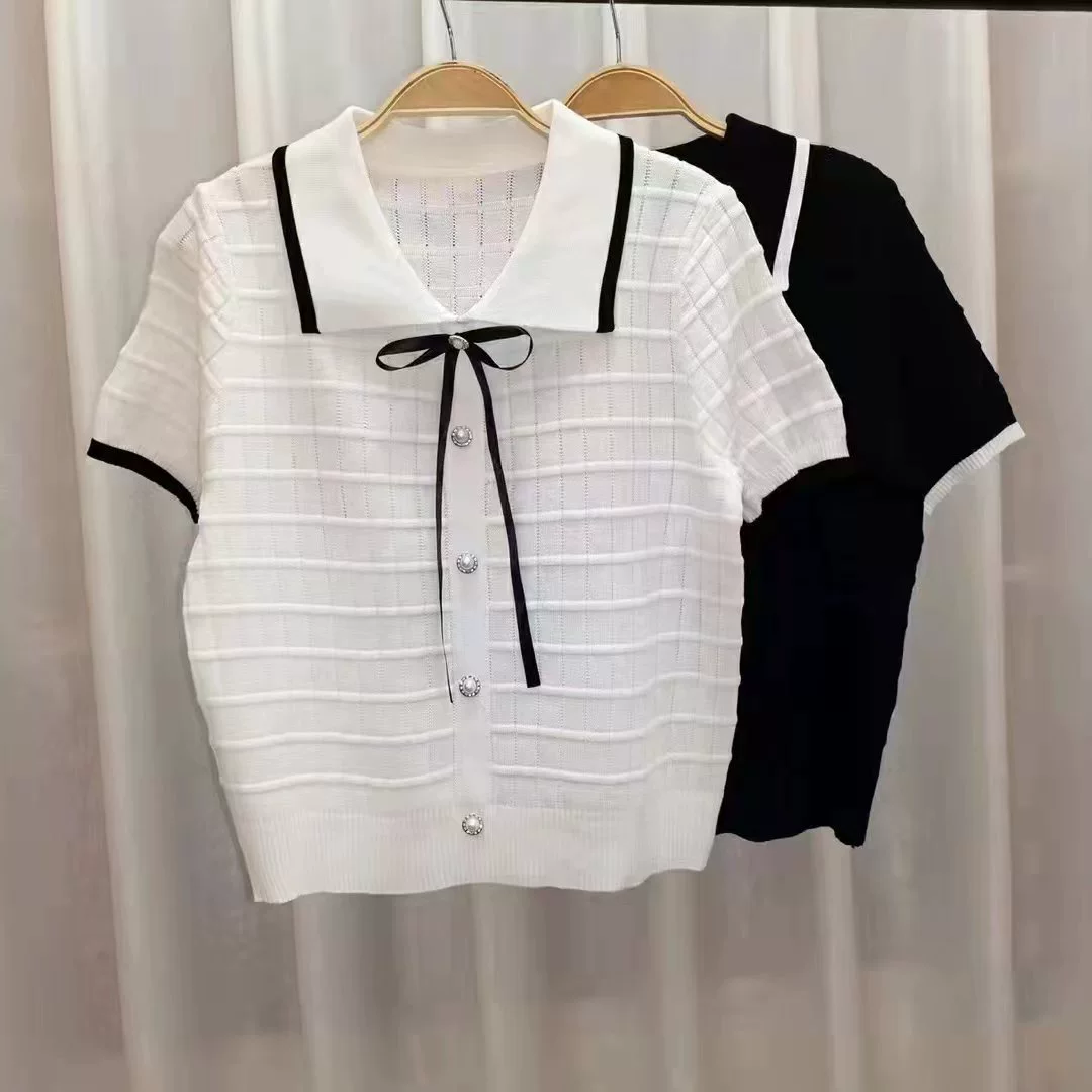 Летний ледяной шелк рыхлый поло рубашка с лацканами на тонком коротком рукаве трикотажный кардиган топ