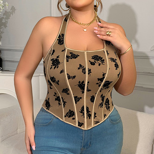 Plus Size mm Women's Sexy Brown Retro Printed Halterneck Suspender Top Sexy New Cross-Border European and American Vest