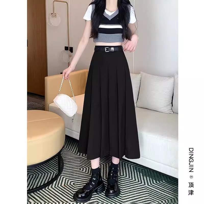 （TR质量+隐形拉链+腰带）百褶裙半身裙小众设计感中长款A字裙长|undefined