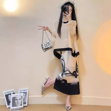 褶皱半身裙显瘦印花百褶裙小众设计感上衣t恤套装两件套女夏新款