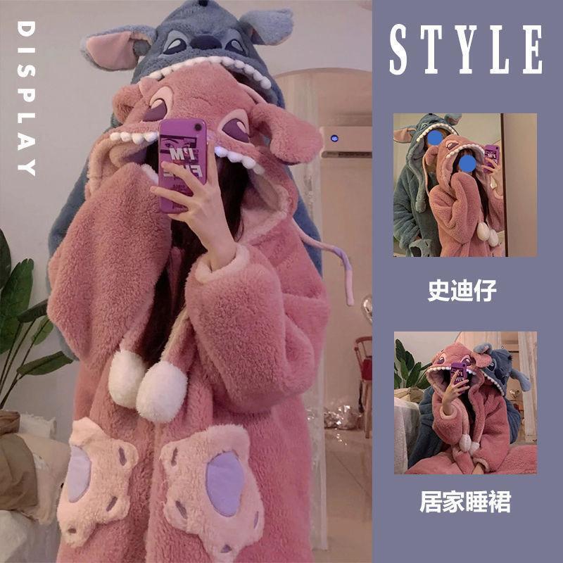 Stitch couple pajamas women's autumn and winter coral fleece thickened fleece-lined men's winter bathrobe nightgown home wear