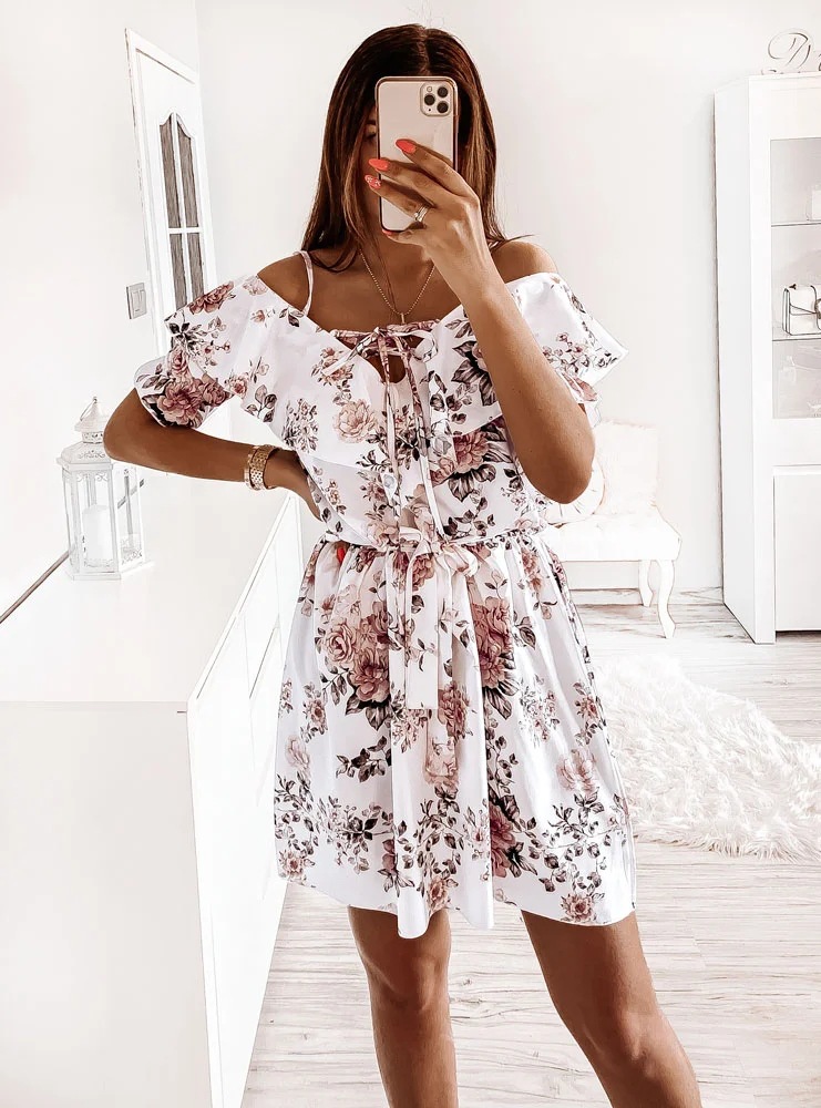 new fashion sling print waist ruffles dress NSAXE57063