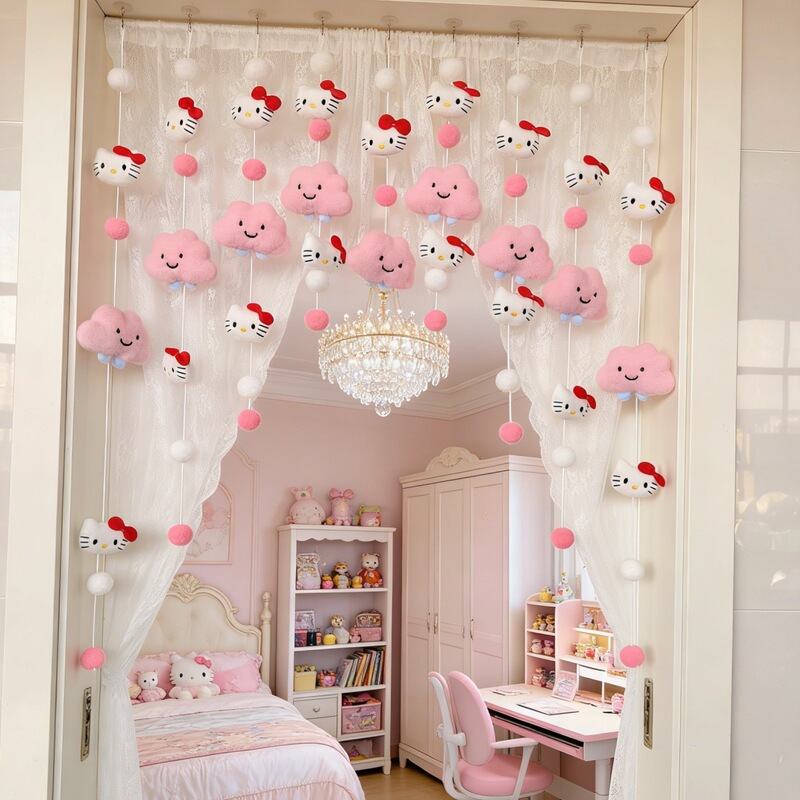 Plush Red Cat Cloud Door Curtain Sanrio Cartoon Beaded Curtain for Bedroom Half Curtain Internet Celebrity Ins Style Door Curtain