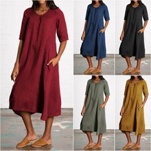 2023速卖通亚马逊欧美新款跨境圆领五分袖长款纯色休闲棉麻连衣裙