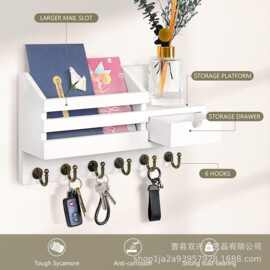 木质墙壁钥匙信件支架带6个挂钩储物抽屉钥匙架玄关入口家居装饰
