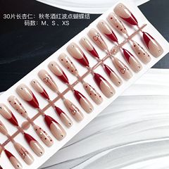 30片手工穿戴美甲秋冬酒紅波點蝴蝶結百搭氣質可拆卸成品穿戴美甲