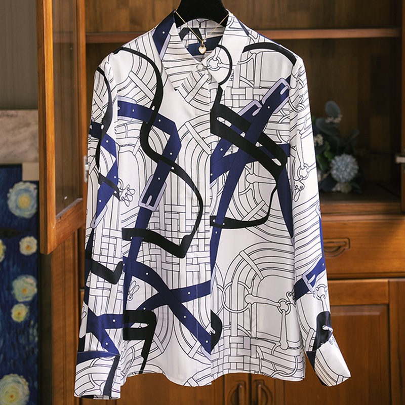 Cabinet designer! Imitation Silk Twill Belt Buckle Abstract Print Lapel Long Sleeve Shirt Top Shirt