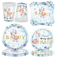 テディベアテーマパーティー食器ブルーbaby誕生日パーティー装飾使い捨て紙皿ティッシュ紙コップセット