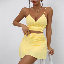 2025亚马逊跨境女装temu夏季纯色性感露背吊带上衣高级感套装女夏