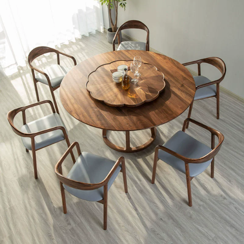 Круглый обеденный стол из цельного дерева из черного ореха с поворотным столом Бытовая столовая Nordic Light Роскошная современная простая китайская комбинация