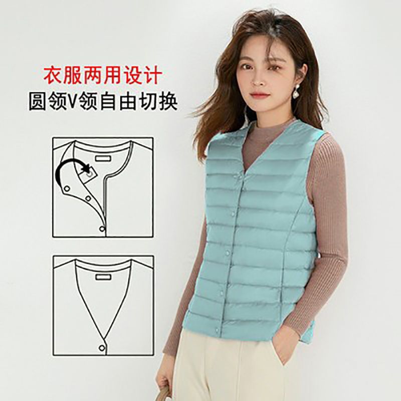 Otoño y invierno nuevo chaqueta ligera de plumón, chaleco de cuello corto de cuello redondo sin cuello ligero chaleco de color sólido