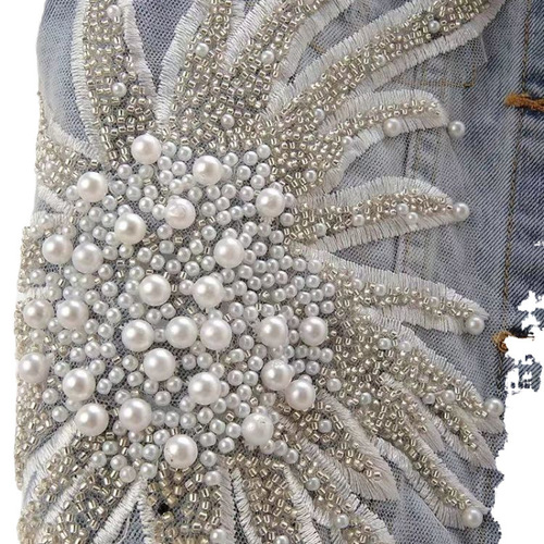  Spring New Korean-Style Lace Beaded Denim Vest Women's Short Sleeveless Waistcoat Jacket Top Trendy Shoulder Pad Style