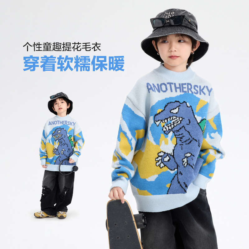 Boys' Autumn and Winter Contrast Color Cartoon Dinosaur Half Turtleneck Sweater 2025 New Children's Thickened Loose Knitted Top