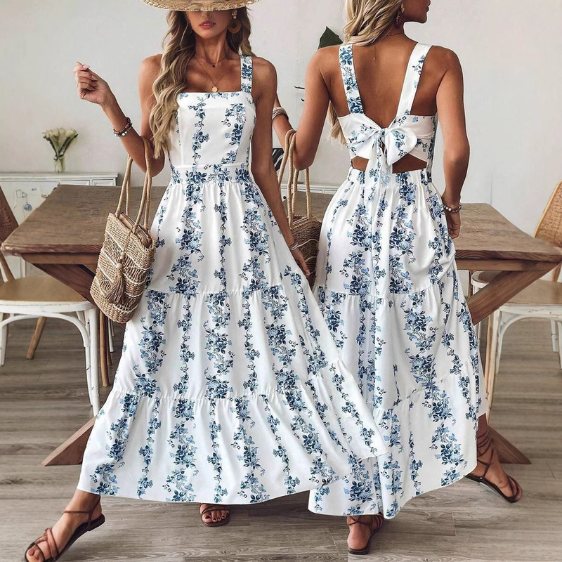 2025 SHEIN tall lady blue and white floral print waist line design leisure holiday commute