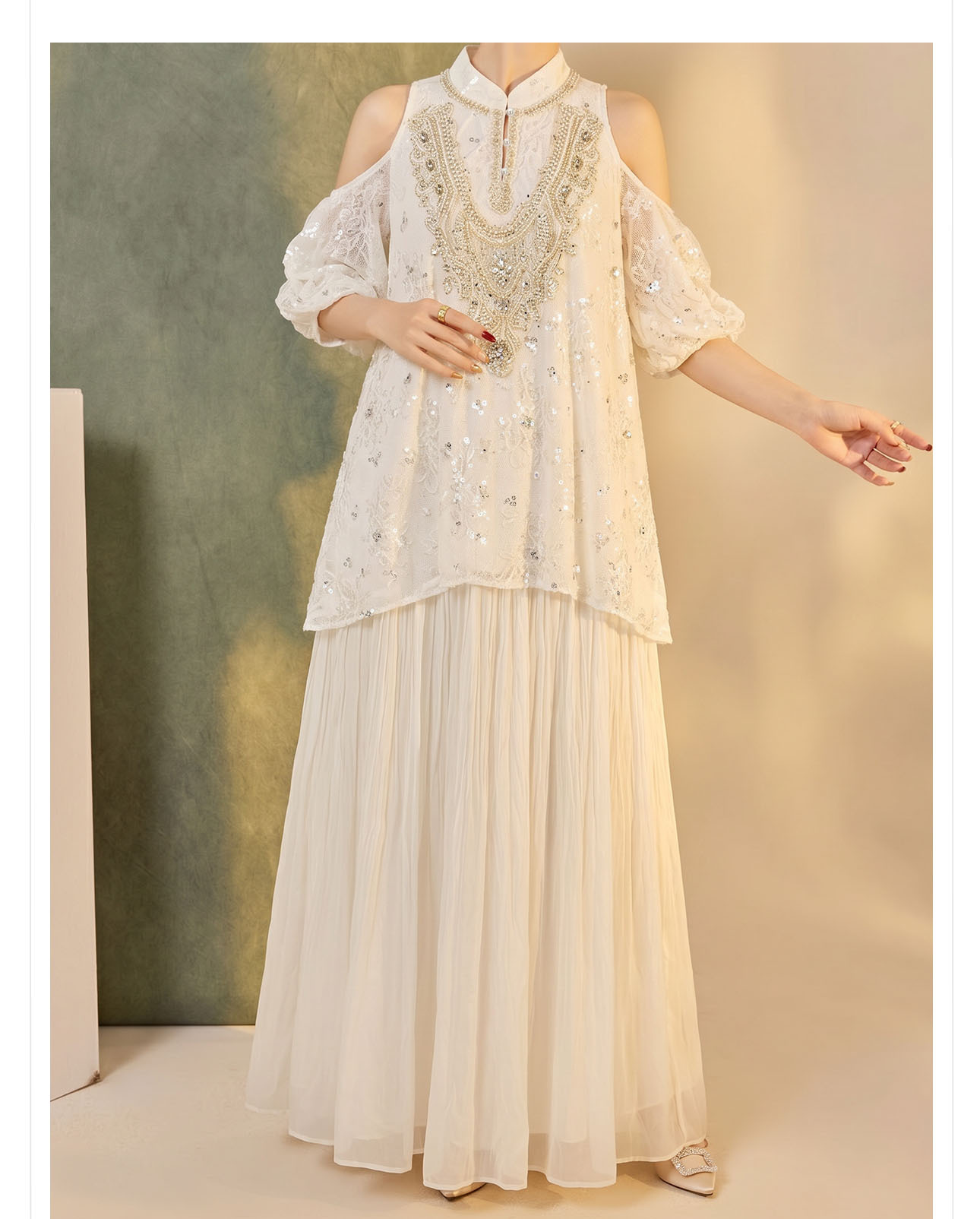 Đầm maxi tay bong bóng mở rộng vai — Tuyết Xanh, Aurora trắng chi tiết 10