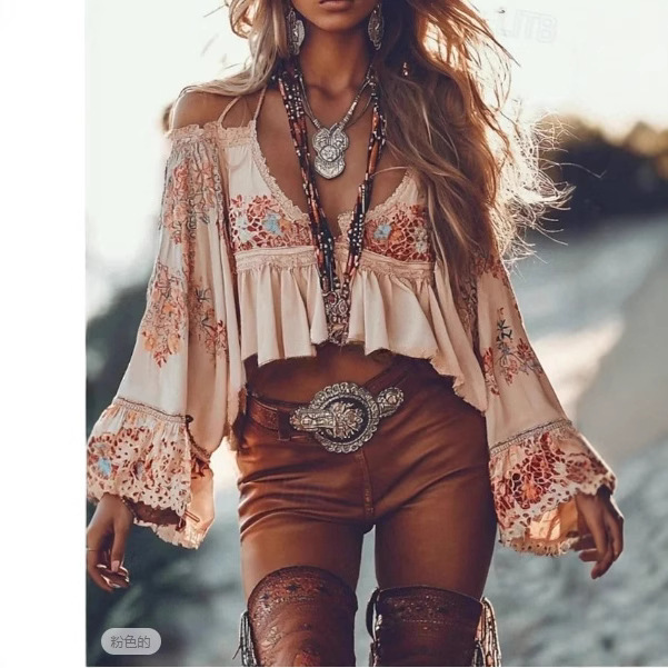 Cross-Border European and American New Women's Vacation Beach Shirts Summer Retro Western Style Ethnic Printed Tops in Stock Cross-Border European and American New Women's Vacation Beach Shirts Summer Retro Western Style Ethnic Printed Tops in Stock