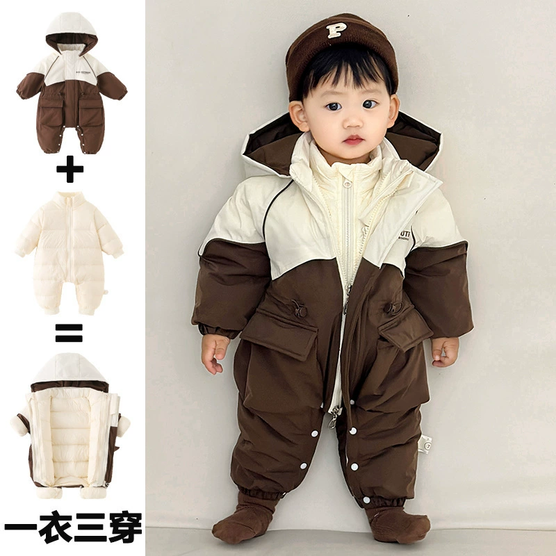 新起点服饰婴儿羽绒服白鸭绒新生儿冬季加厚爬服男宝宝冬装连体衣