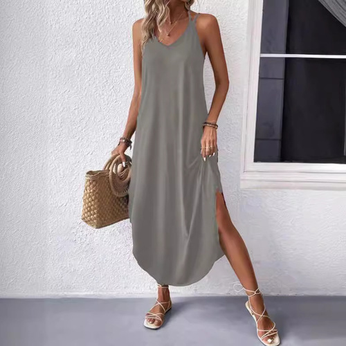 Summer European and American elegant style women's cotton polyester spaghetti strap V-neck solid color A-line women's dress